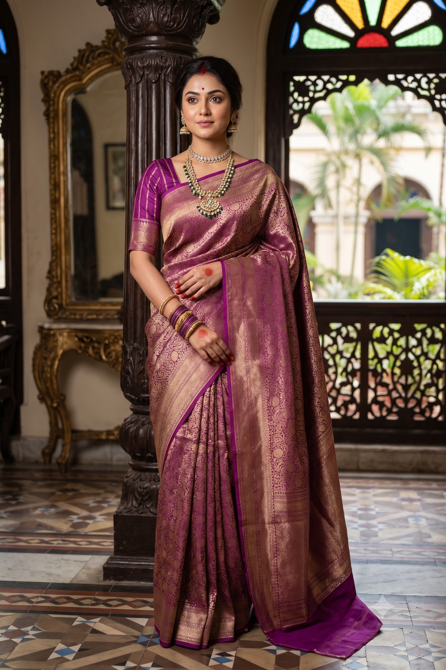 Deep Purple Brocade Kora Banarasi Silk Saree, With Unstiched Blouse