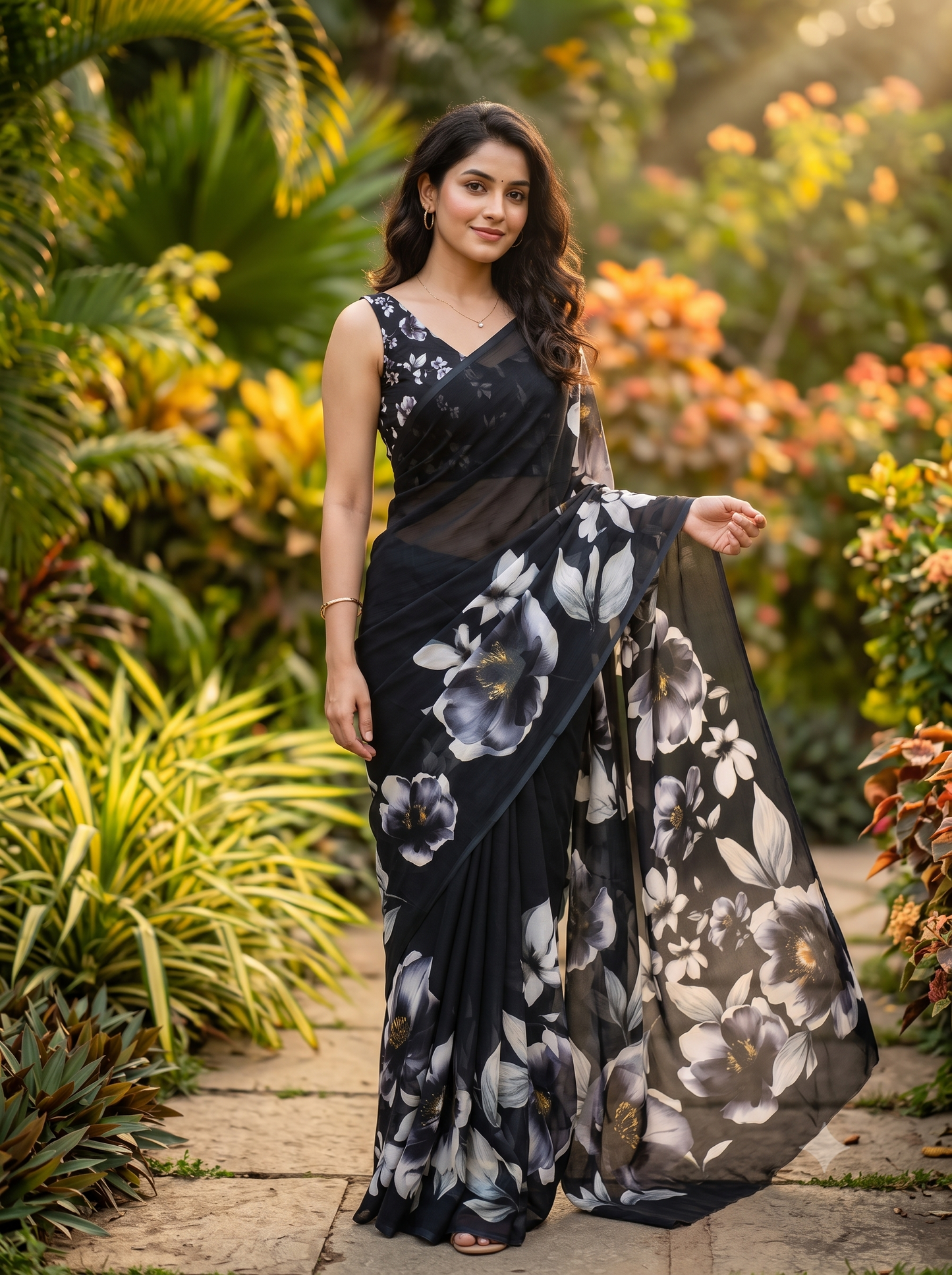 Black Floral Printed Chiffon Saree, With Unstiched Blouse Piece