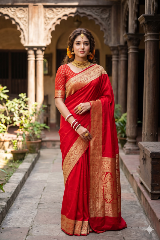 Cherry red Mysore crepe silk Banarasi saree with intricate gold motifs and an unstiched blouse, traditional wear by Saarang Sarees.