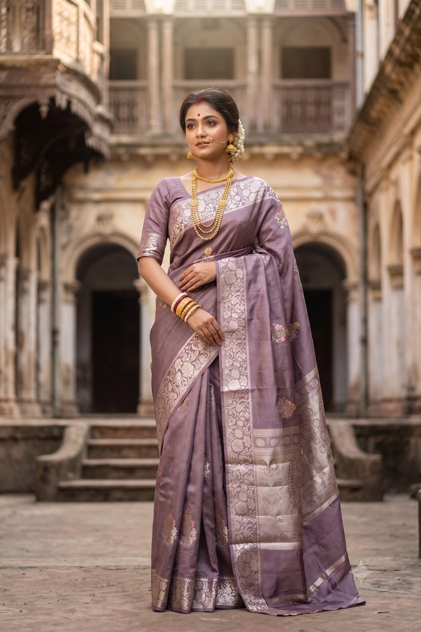 Dusty Purple Chiniya Silk Saree Hand Woven Butas, With Unstiched Blouse
