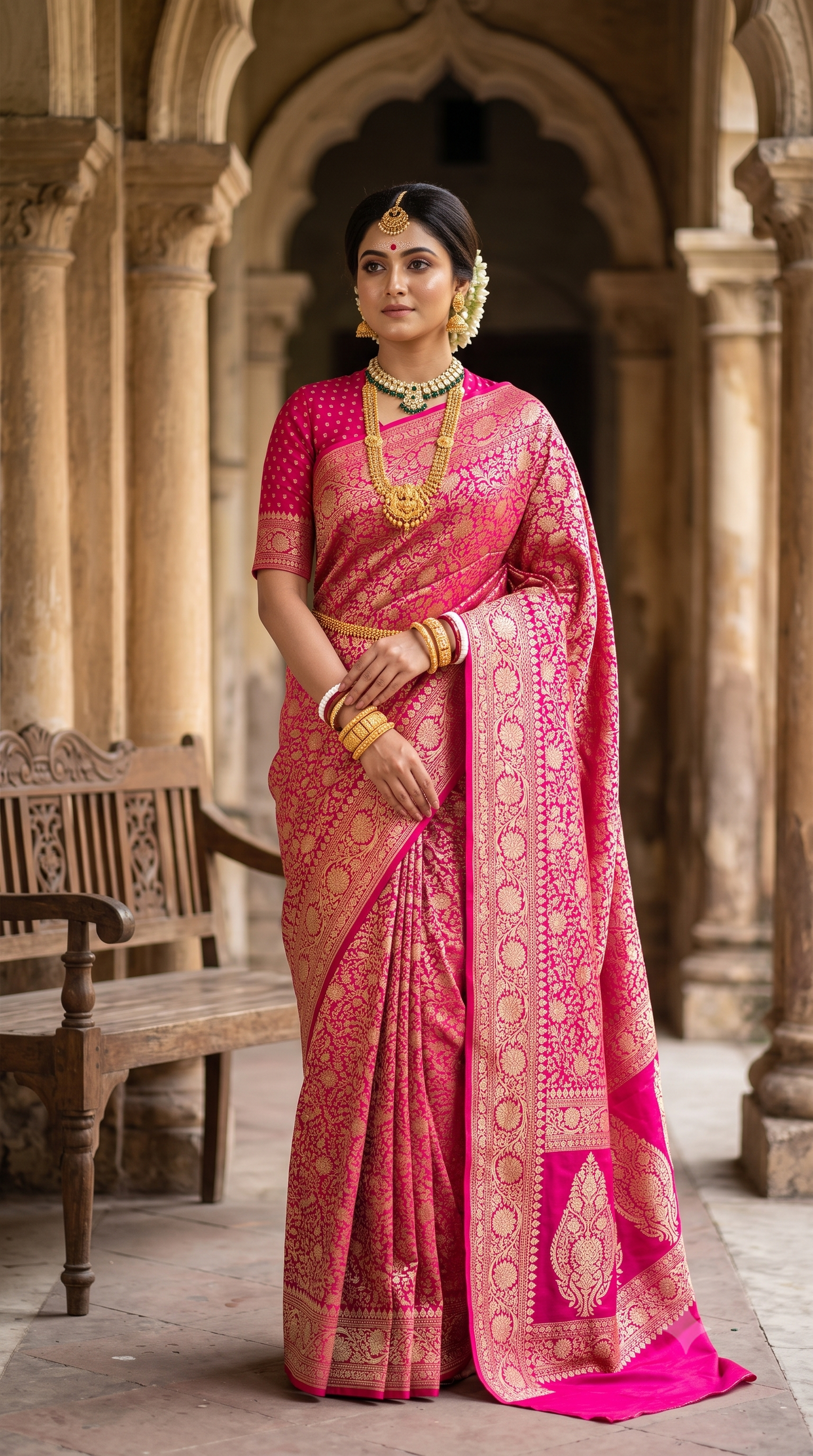 Magenta Crepe Khaddi Banarasi Silk Saree With Unstiched Blouse
