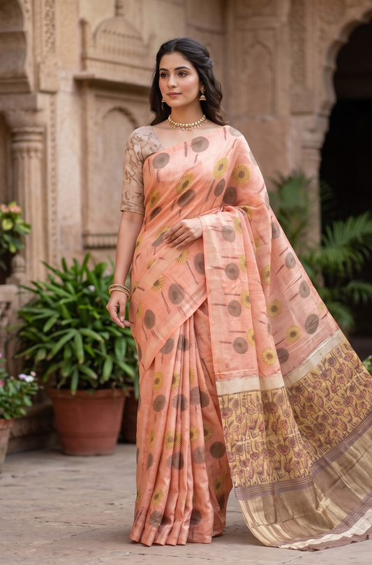 Peach Pure Modal Silk Ajrakh Printed Saree With Unstich Blouse