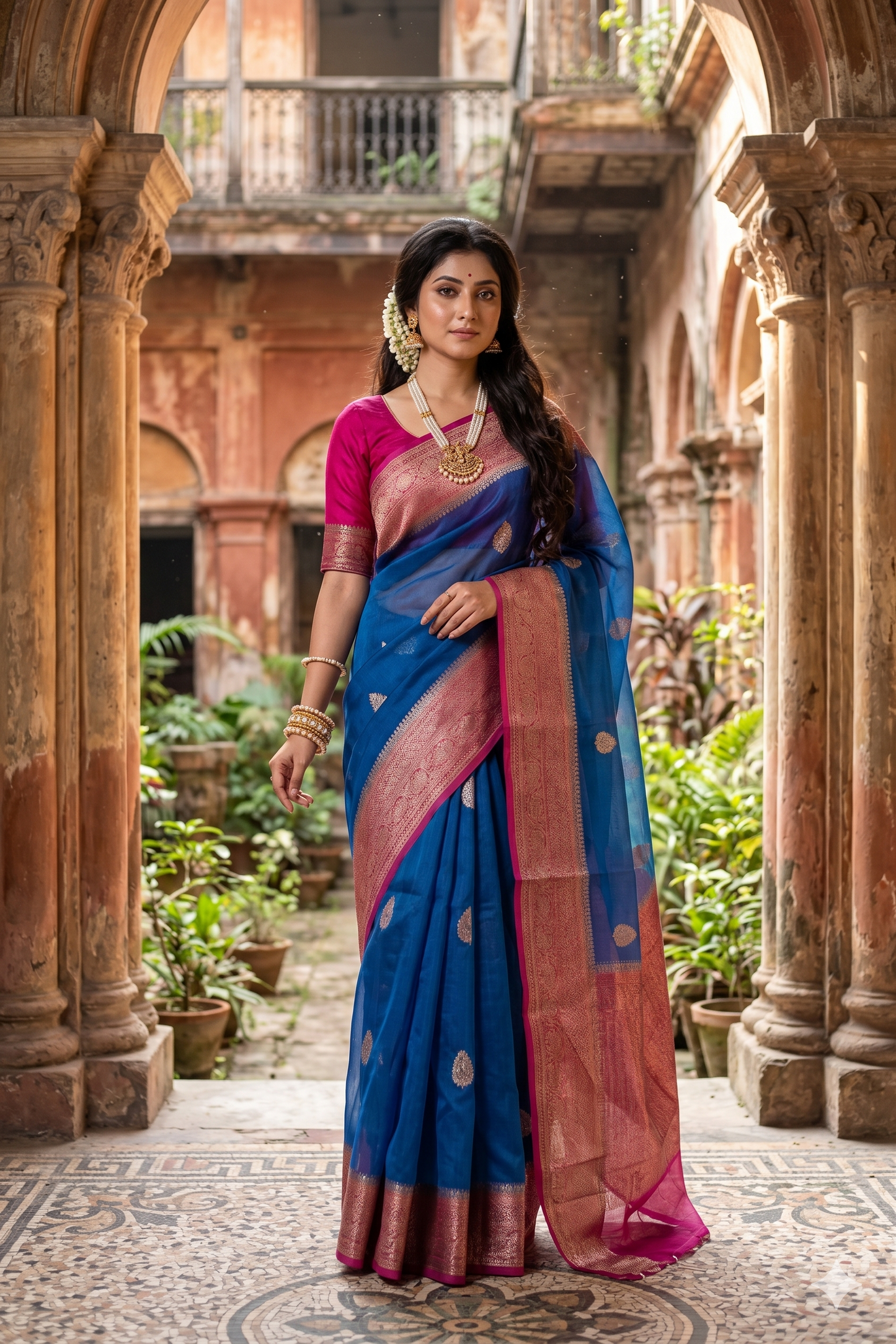 Indigo Blue Kora Banarasi Silk Saree, With Unstiched Blouse
