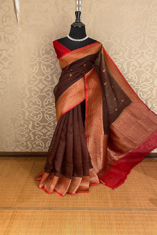 Brown Kora Banarasi Silk Saree, With Unstiched Blouse