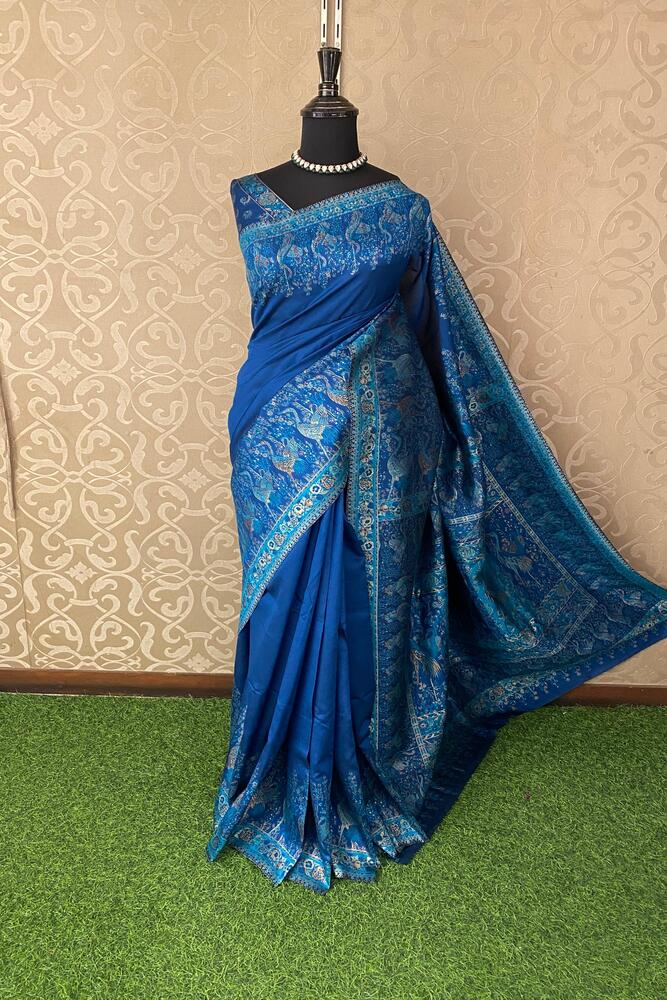Royal Blue Pure Kani Handloom Silk Saree With Unstiched Jamewar Woven Blouse