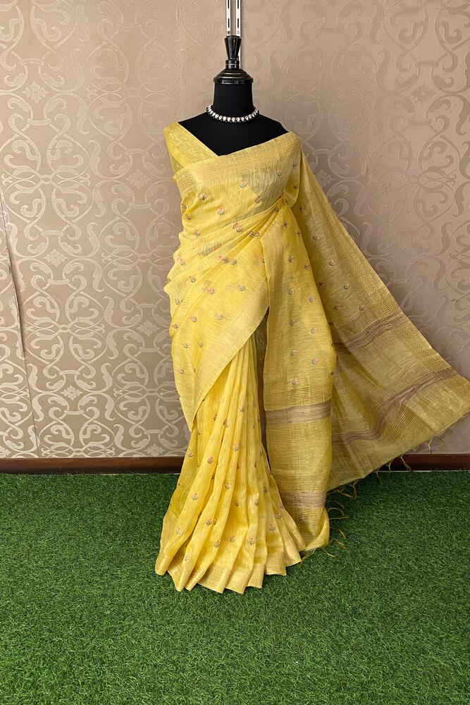 Yellow Pure Linen Kashmiri Work Saree With Unstiched Blouse
