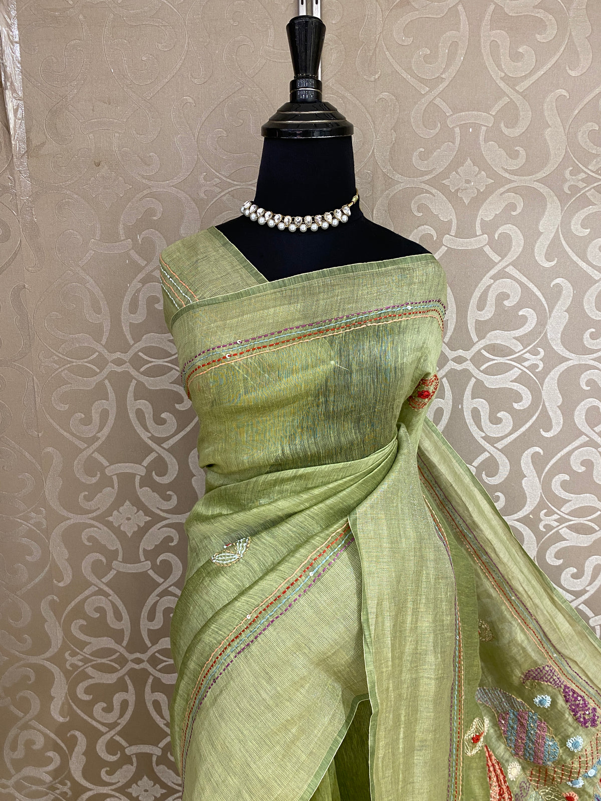 Light Green Linen Silk Saree Hand Embroidered Work, With Unstiched Blouse