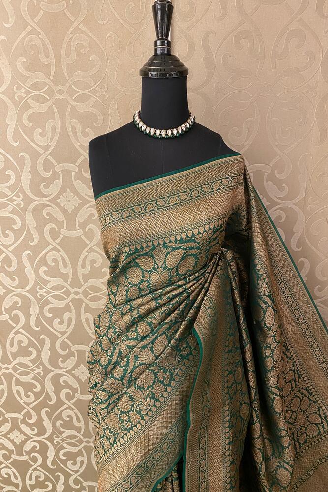 Deep Green Brocade Kora Banarasi Silk Saree, With Unstiched Blouse