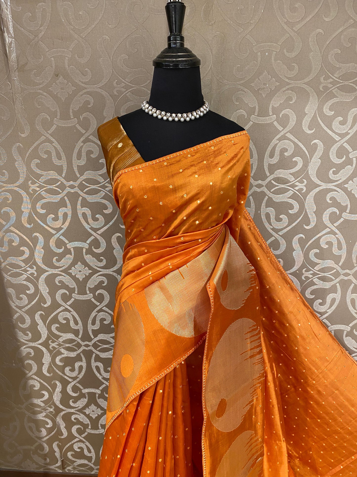 Orange Munga Banarasi Silk Mirror Work Saree, With Unstiched Blouse