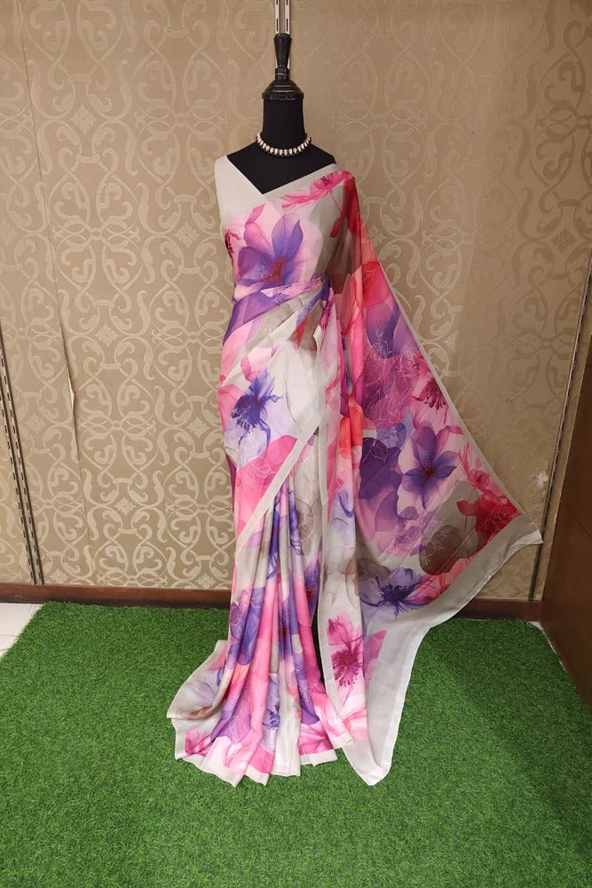 Off-White & Multi Floral Printed Satin Crepe Saree, With Unstiched Blouse