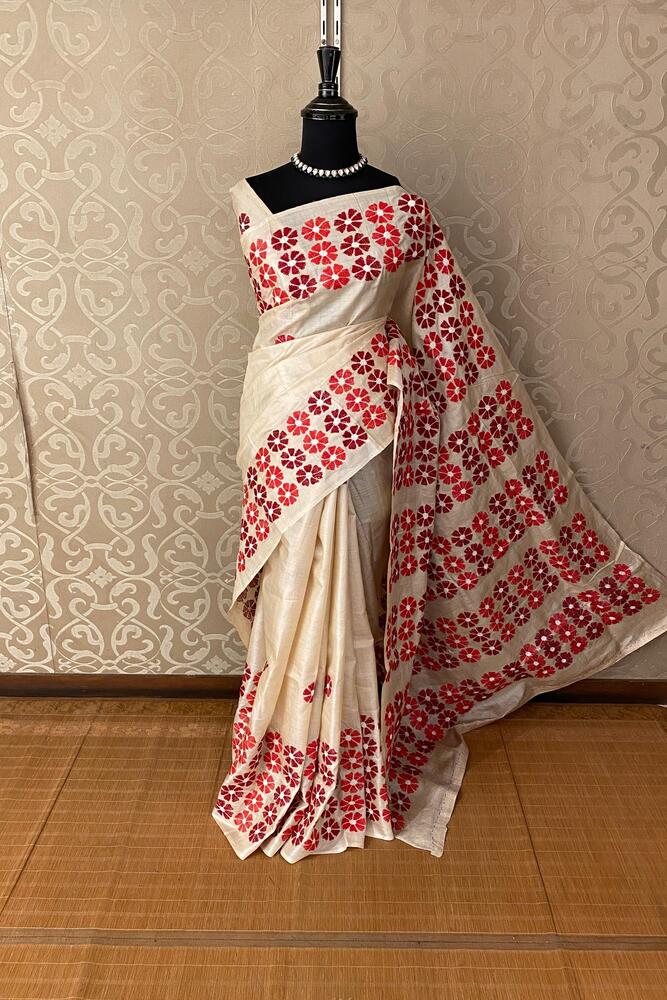 Beige Tussar Embroidery Saree With Kantha Work Border, With Unstitched Blouse