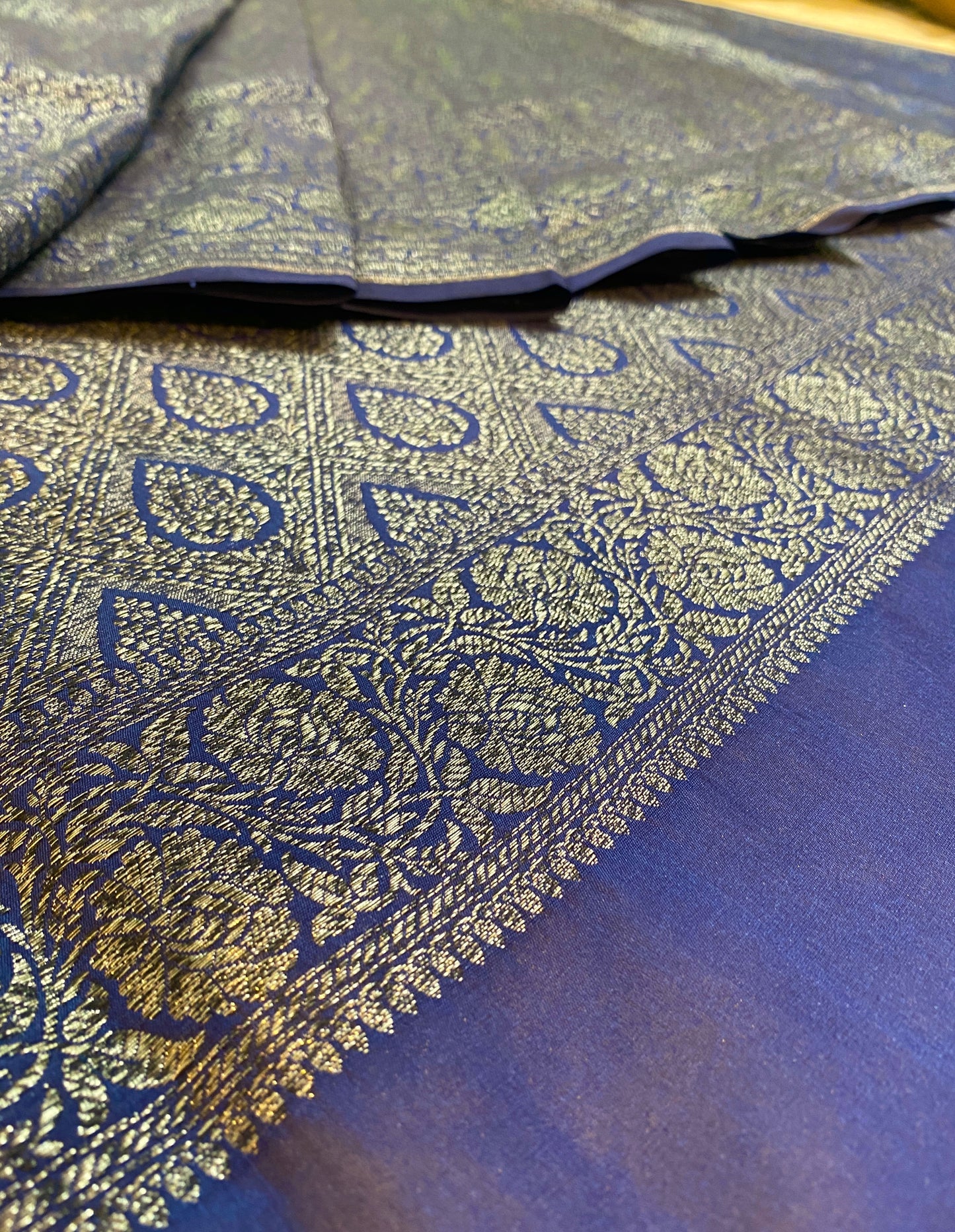 Deep Blue Semi Katan Brocade Silk Saree, With Unstiched Blouse