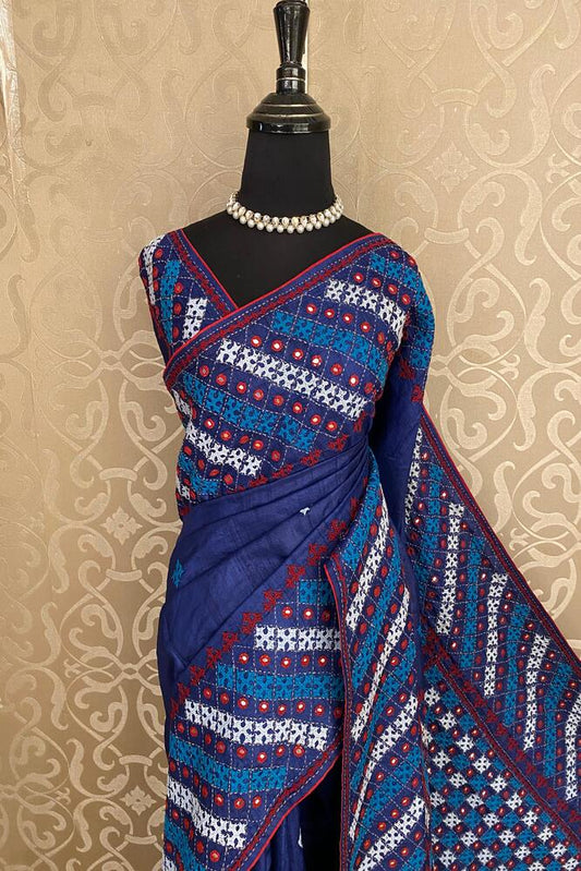 Deep Blue Tussar Lambani & Kutch Work Saree With Ustiched Blouse - Saarang Sarees