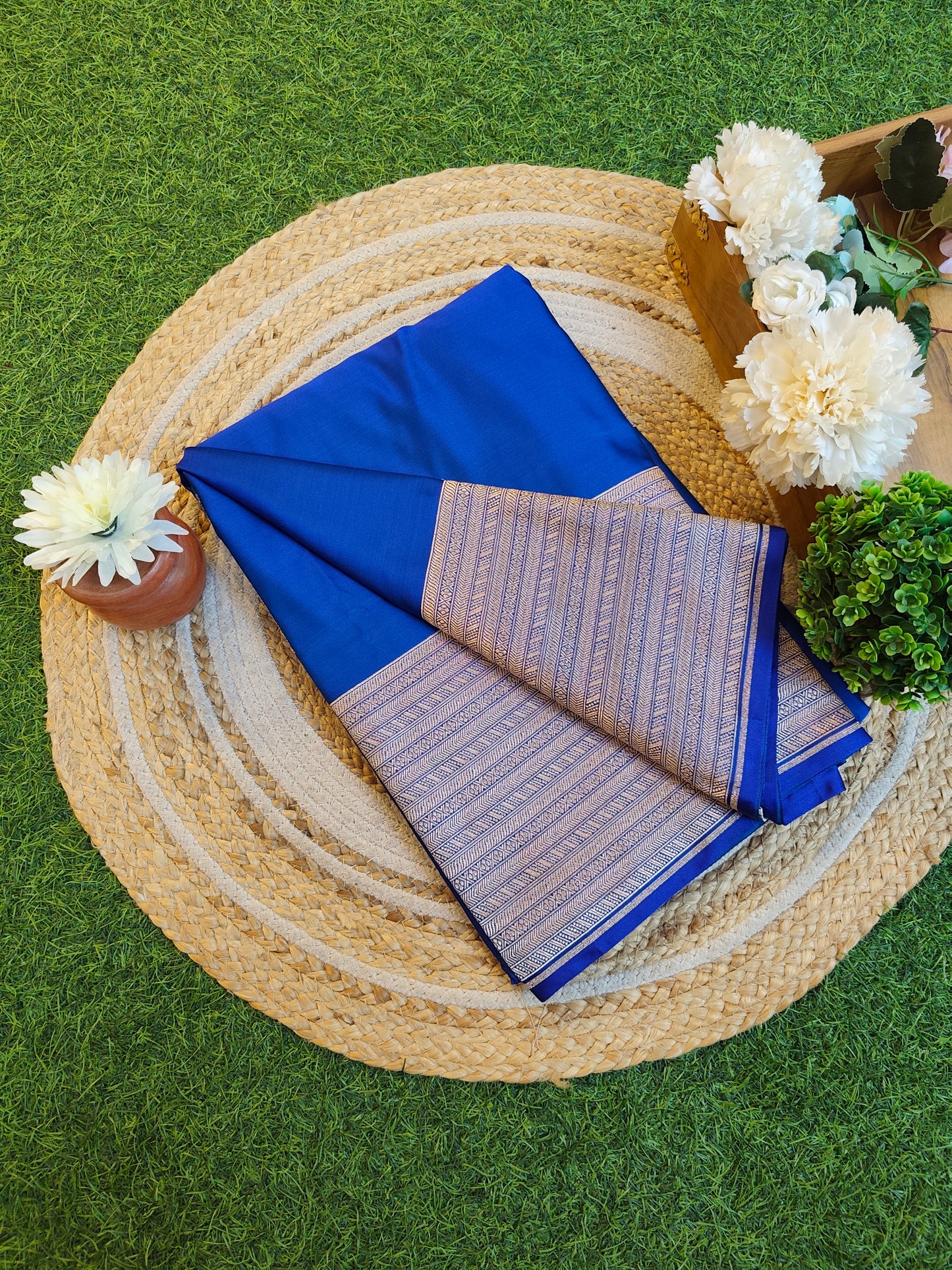 Indigo Blue Semi Mashru Katan Silk Saree, With Unstiched Blouse