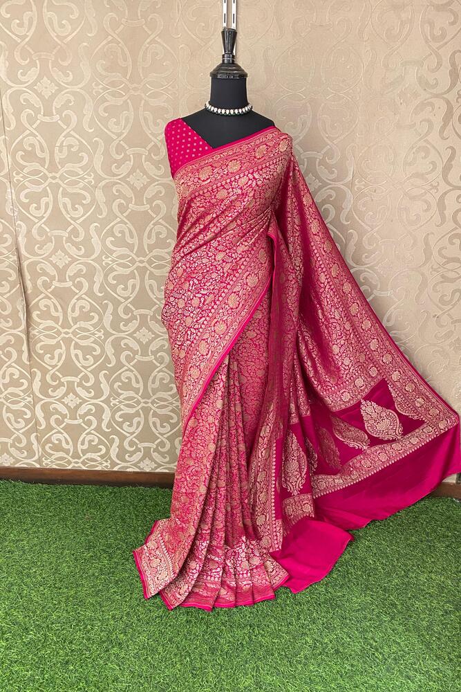 Magenta Crepe Khaddi Banarasi Silk Saree With Unstiched Blouse