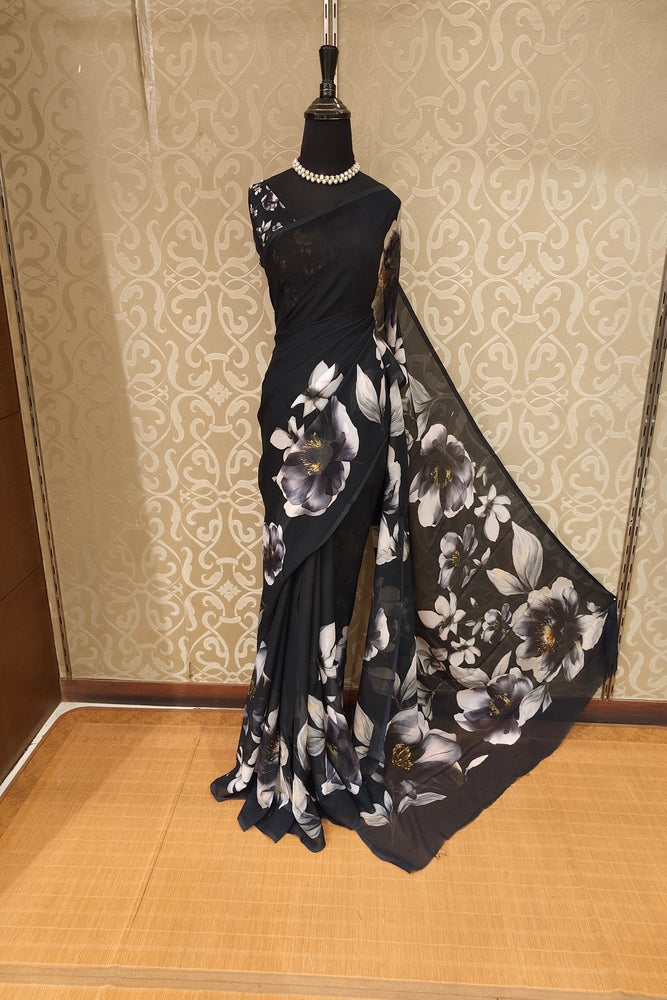 Black Floral Printed Chiffon Saree, With Unstiched Blouse Piece