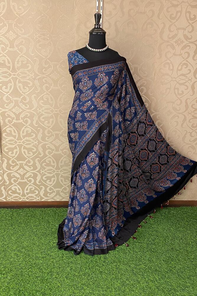 Deep Blue Pure Modal Silk Ajrakh Printed Saree With Unstiched Blouse