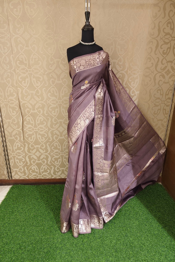 Dusty Purple Chiniya Silk Saree Hand Woven Butas, With Unstiched Blouse