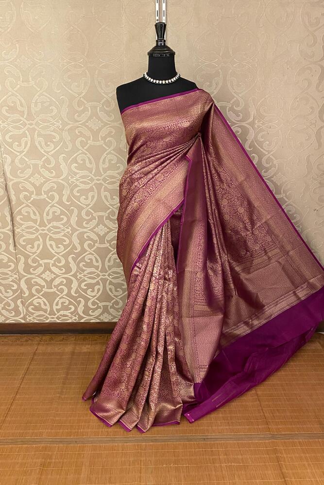Deep Purple Brocade Kora Banarasi Silk Saree, With Unstiched Blouse