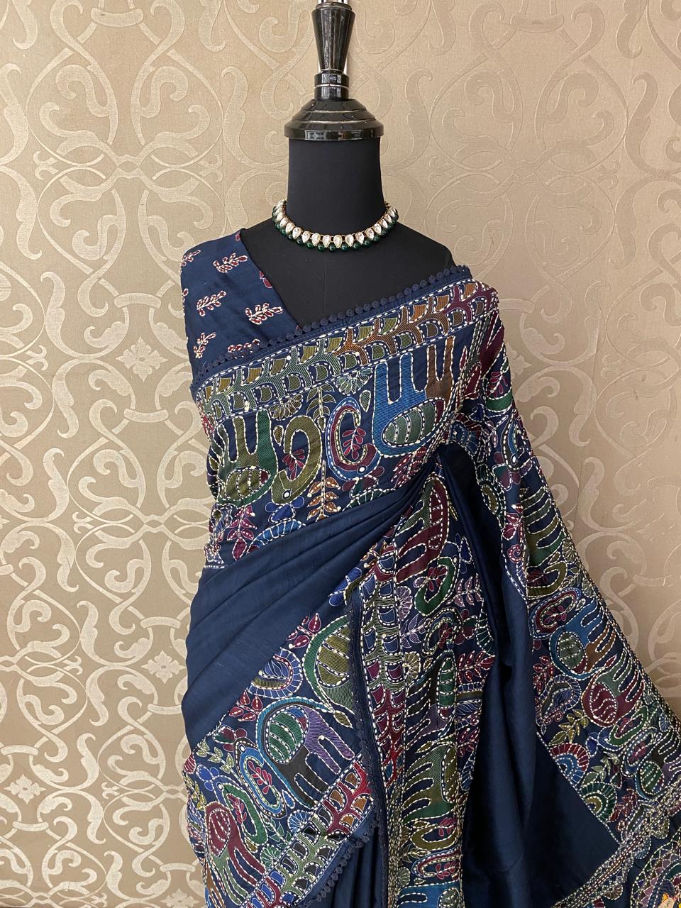 Navy Blue Munga Silk Saree With Hand Embroidery Work, With Unstiched Blouse
