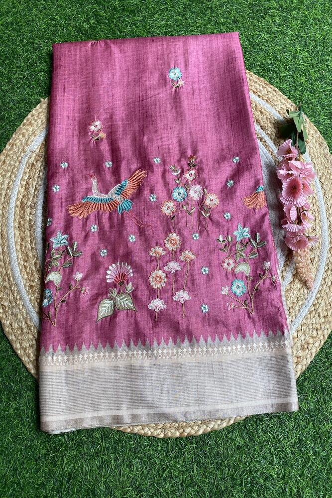 Onion Pink Tussar Cotton Resham Work Saree, With Unstiched Blouse
