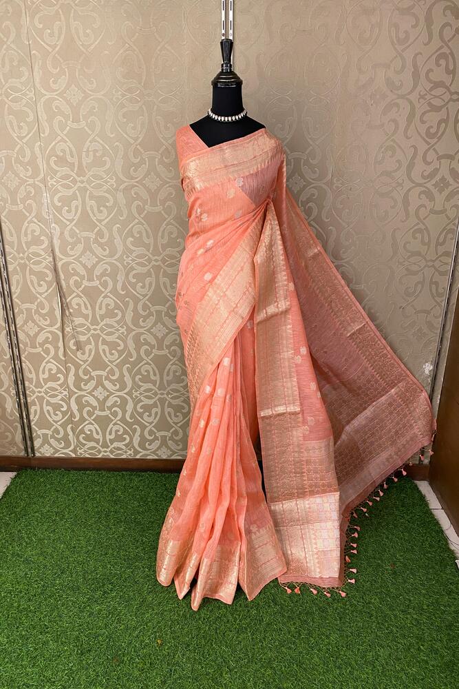 Peach Linen Banarasi Saree With Unstiched Blouse