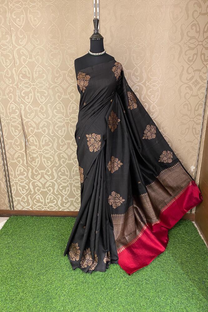 Black Pure Raw Tussar Banarasi Silk Saree, Hand Woven Motifs With Unstiched Blouse