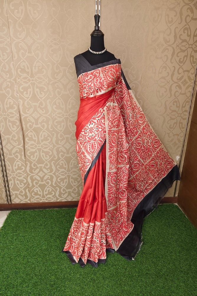 Red Tussar Embroidery Saree With Kantha Work Border, With Unstitched Blouse