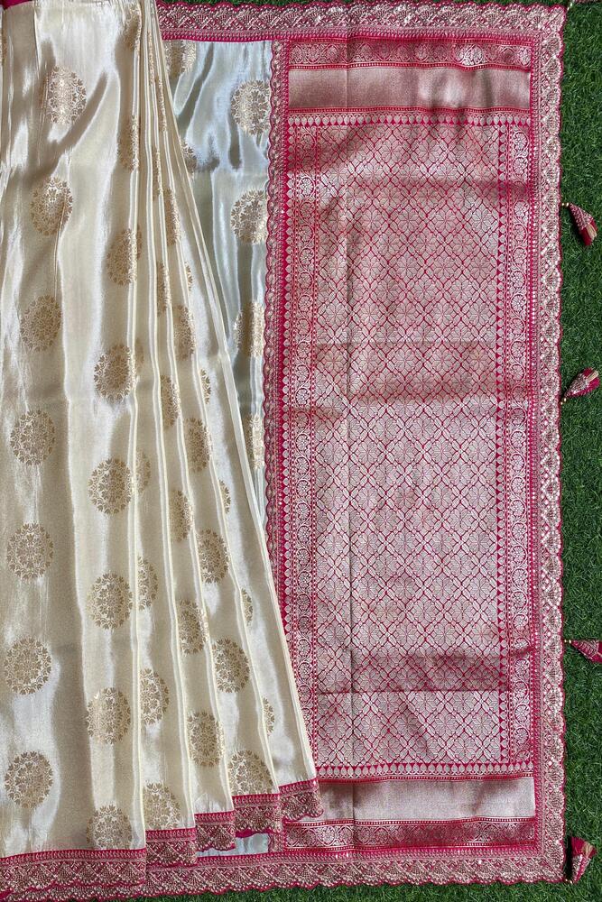 Off-White Gold Tissue Khaddi With Embroidery Border Saree, With Unstiched Blouse