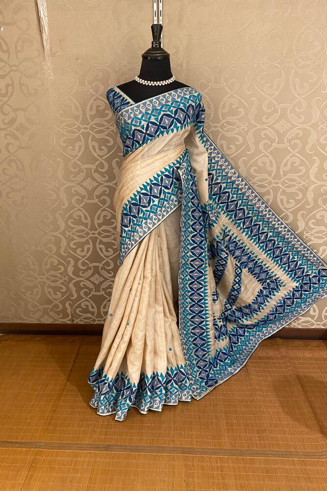 Off-White Tussar Embroidery Saree With Kathiawari Work Border, With Unstitched Blouse