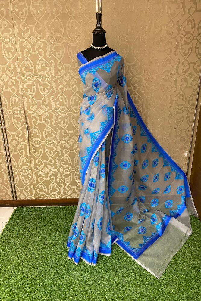 Grey & Blue Muslin Jamdani Saree, With Unstiched Blouse