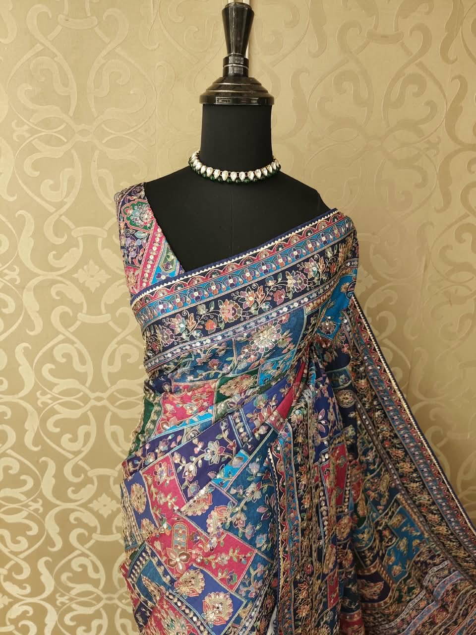 Blue & Multi Crepe Printed Stone Work Saree, With Unstiched Blouse