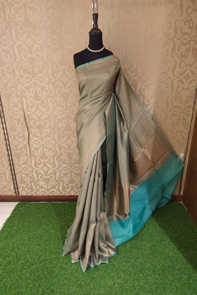 Beige & Blue Brocade Kora Banarasi Silk Saree, With Unstiched Blouse