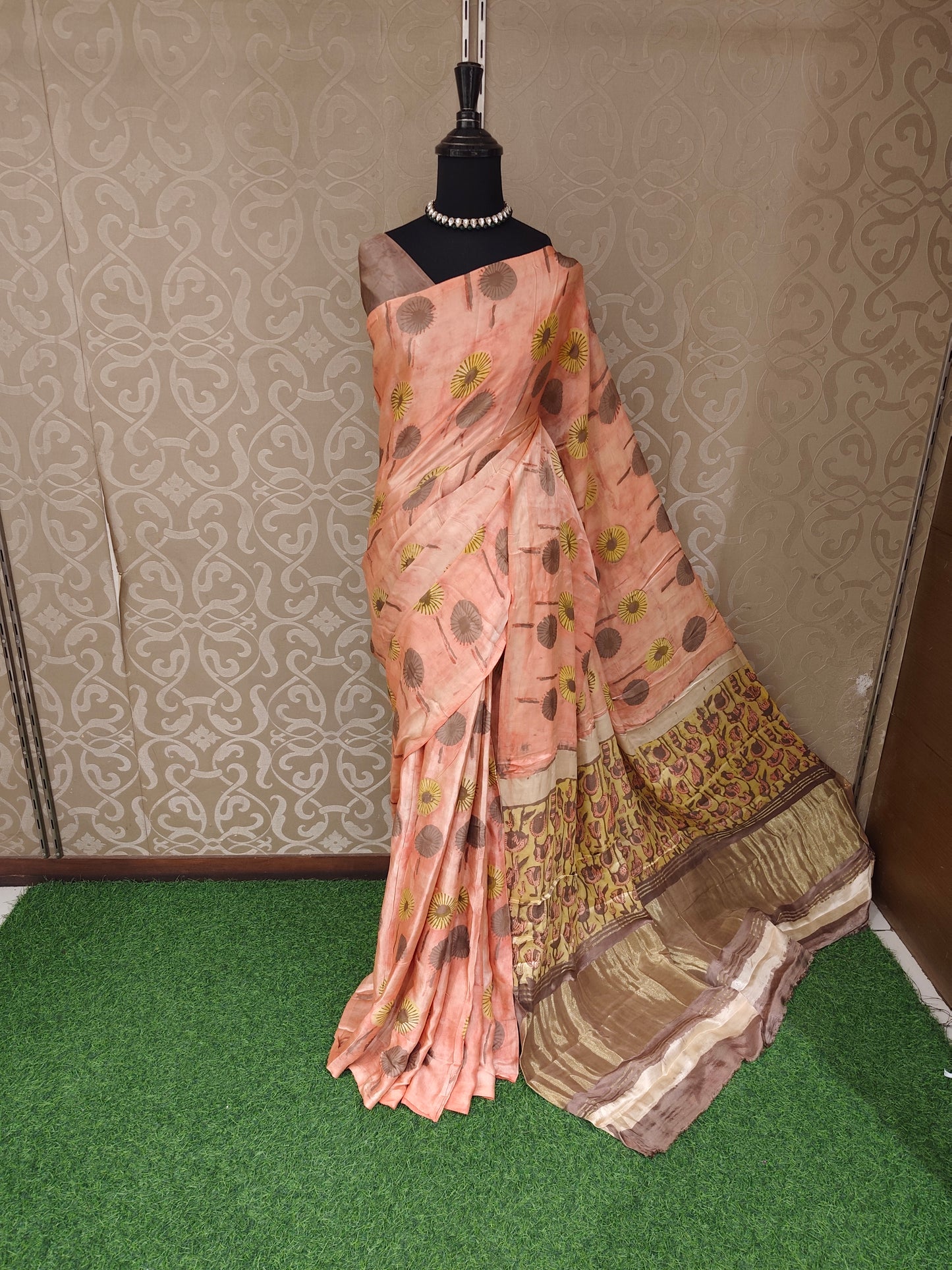 Peach Pure Modal Silk Ajrakh Printed Saree With Unstich Blouse