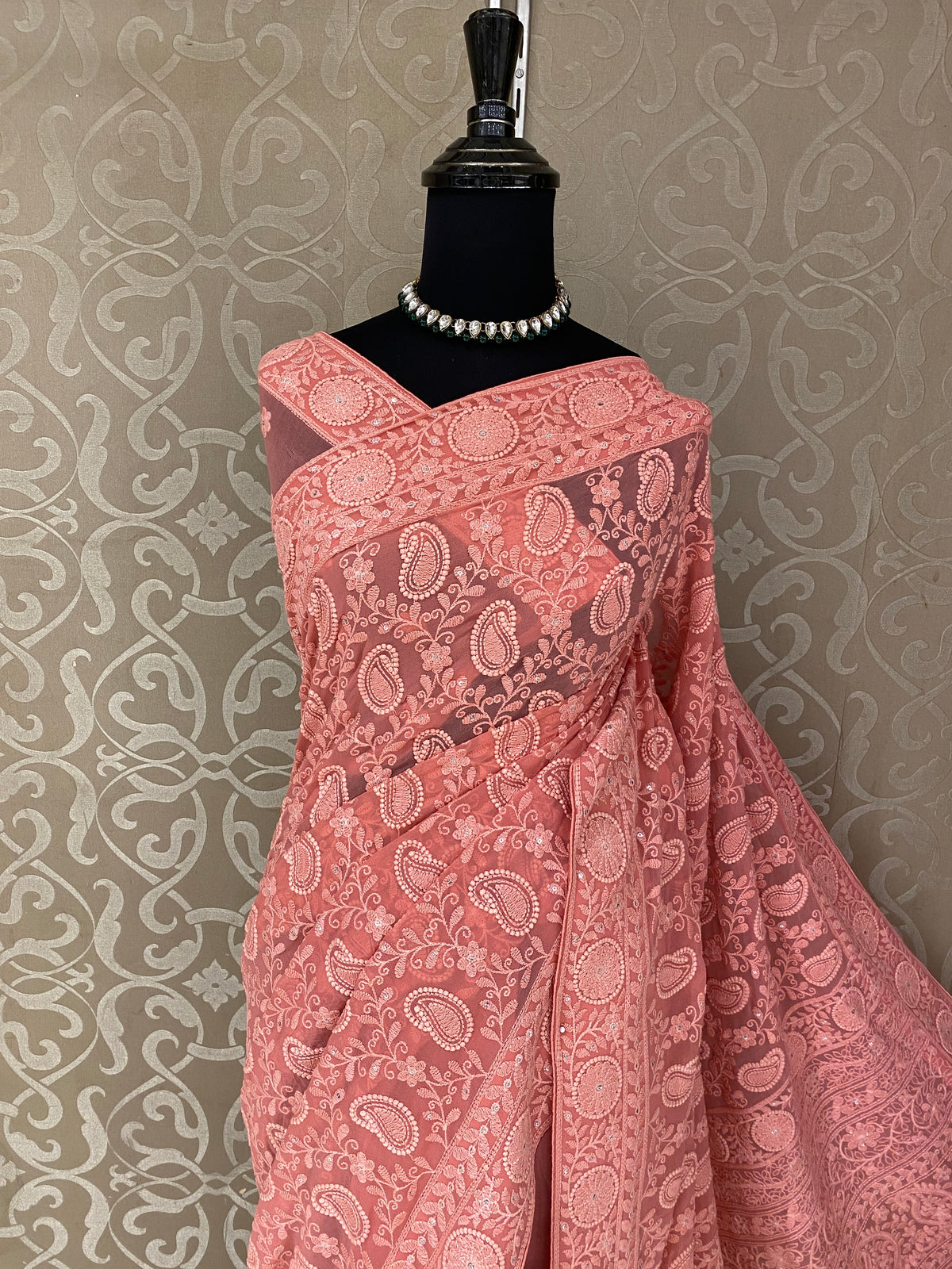 Pink Georgette Chikankari Embroidery Saree, With Unstitched Blouse