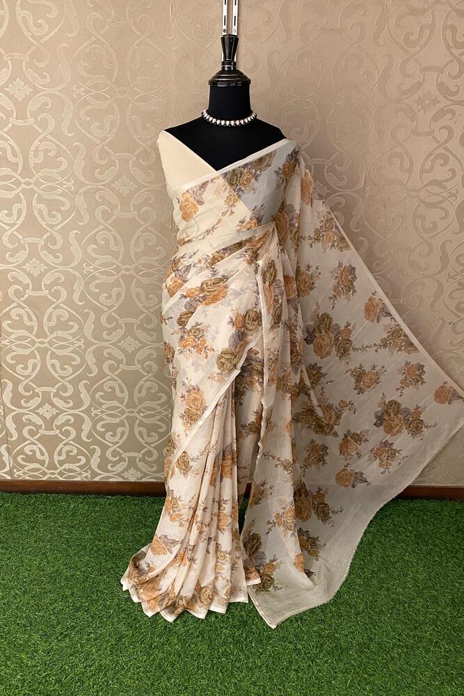 Off-White Brown Floral Printed Chiffon Saree, With Unstiched Blouse Piece