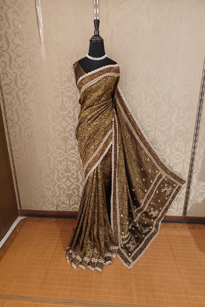 Golden Brown Tissue Kanjeevaram Silk Sarees With Embroidery Work, With Unstiched Blouse