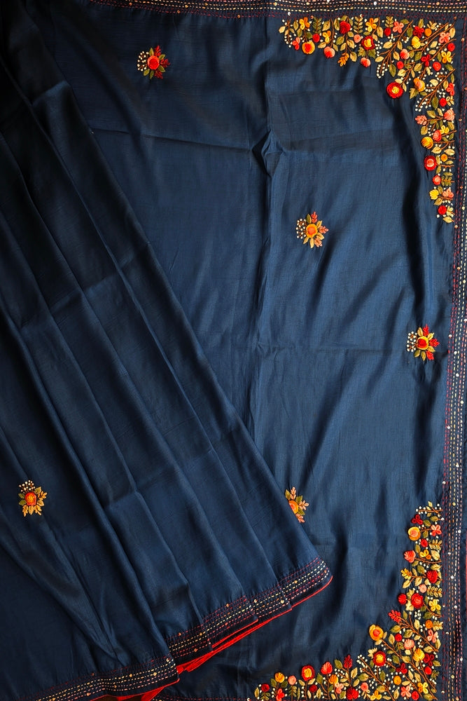 Deep Blue Semi Munga Silk French Knot Hand Embroidery Work Saree, With Unstiched Blouse