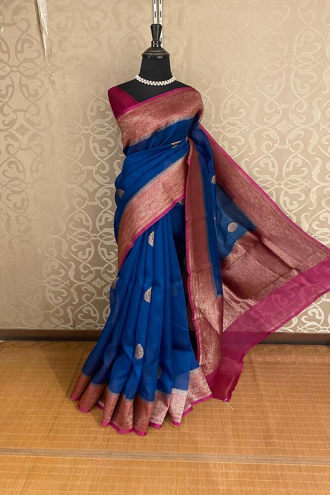 Indigo Blue Kora Banarasi Silk Saree, With Unstiched Blouse