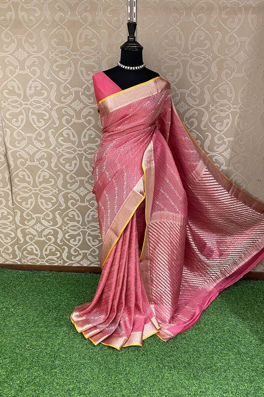 Pink Mysore Crepe Silk Banarasi Saree, With Unstiched Blouse