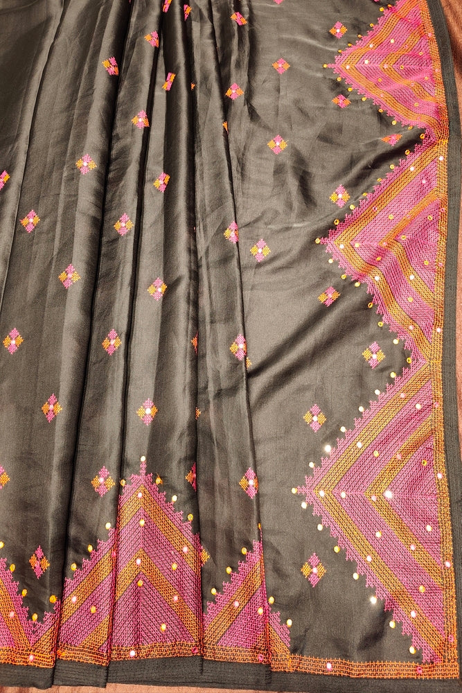 Black Semi Munga Silk Cross Stitch Work Saree, With Unstiched Blouse