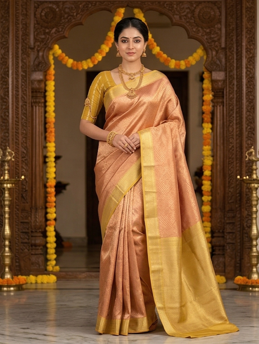 Peach brocade Chanderi silk saree with intricate woven patterns and matching unstiched blouse, traditional wear by Saarang Sarees.
