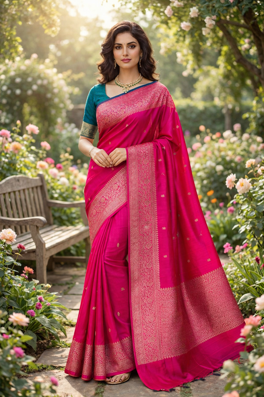 Rani Pure Raw Tussar Banarasi Silk Saree, Hand Woven Motifs With Unstiched Blouse