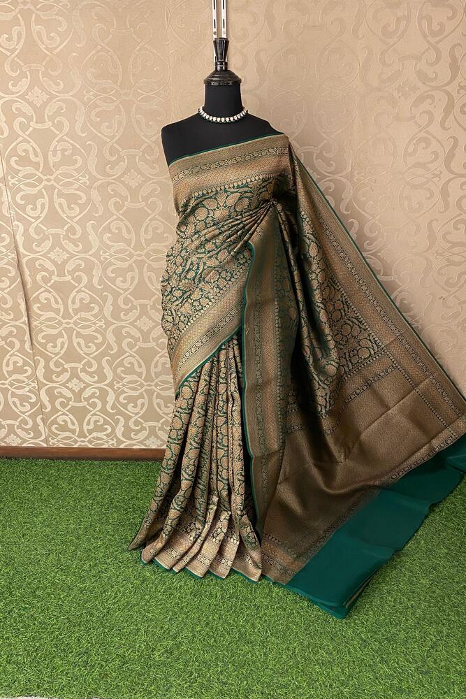 Deep Green Brocade Kora Banarasi Silk Saree, With Unstiched Blouse