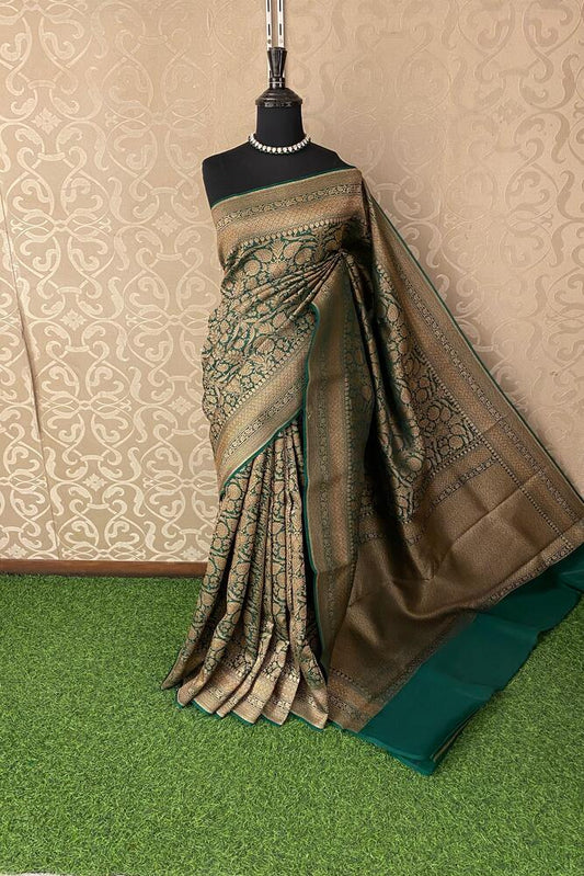 Deep Green Brocade Kora Banarasi Silk Saree, With Unstiched Blouse