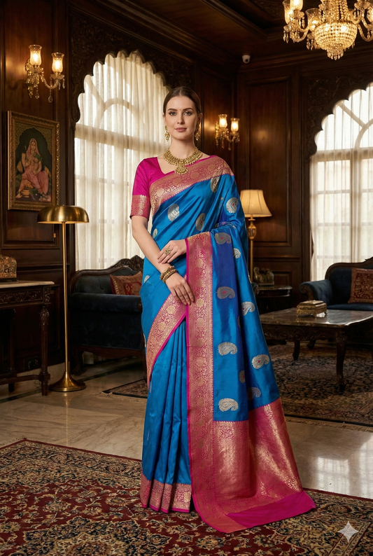 Royal Blue Katan Banarasi Saree Hand Woven Work, With Unstiched Blouse