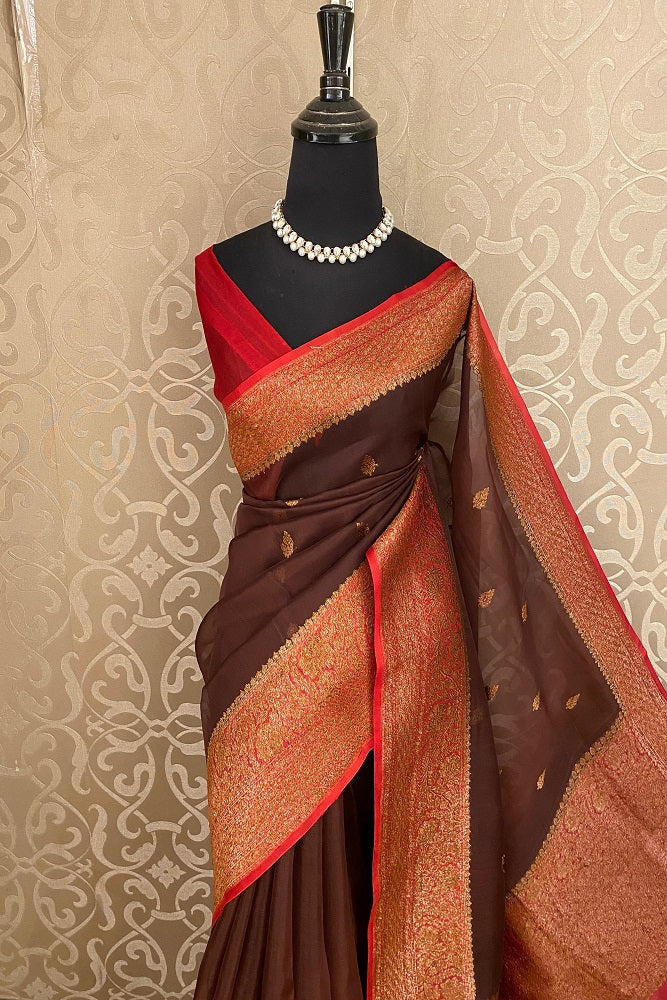 Brown Kora Banarasi Silk Saree, With Unstiched Blouse