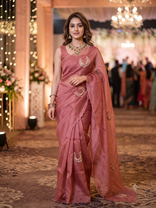 Mauve Pink Organza Saree With Ari Work, With Unstitched Blouse