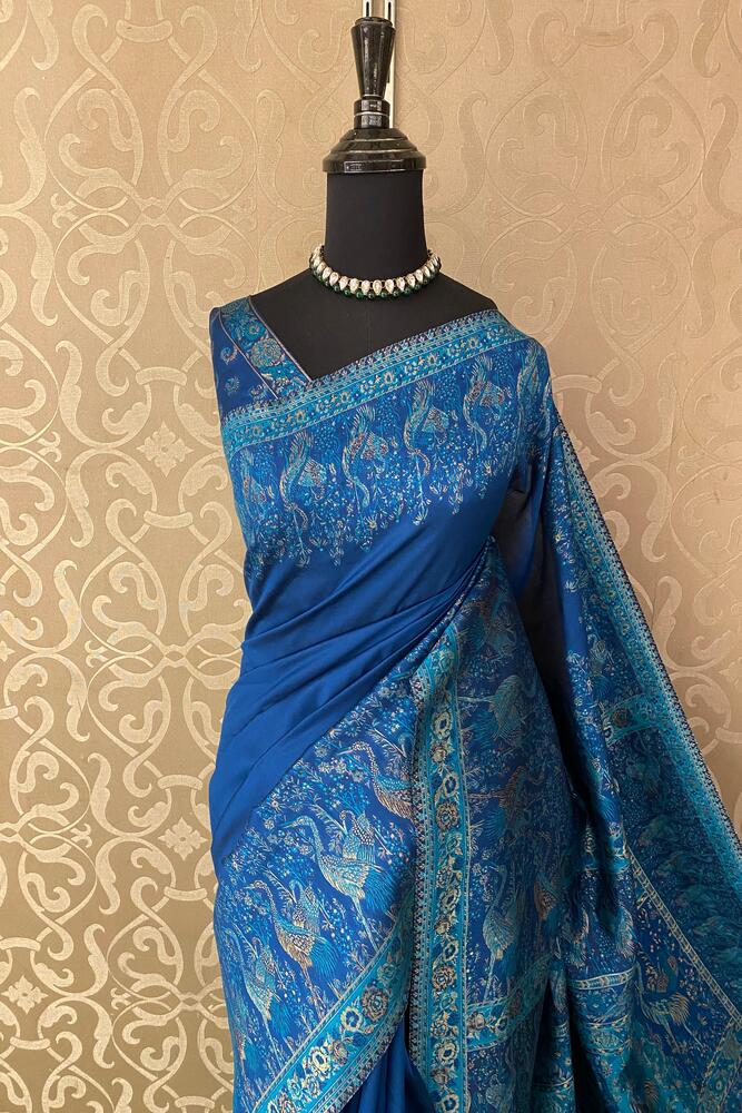 Royal Blue Pure Kani Handloom Silk Saree With Unstiched Jamewar Woven Blouse
