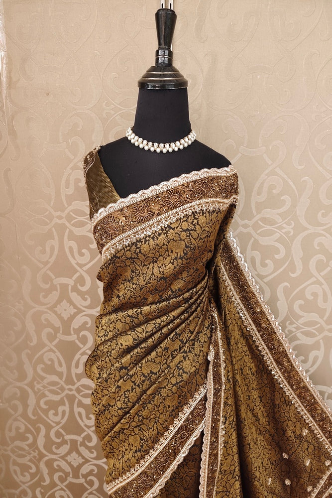 Golden Brown Tissue Kanjeevaram Silk Sarees With Embroidery Work, With Unstiched Blouse